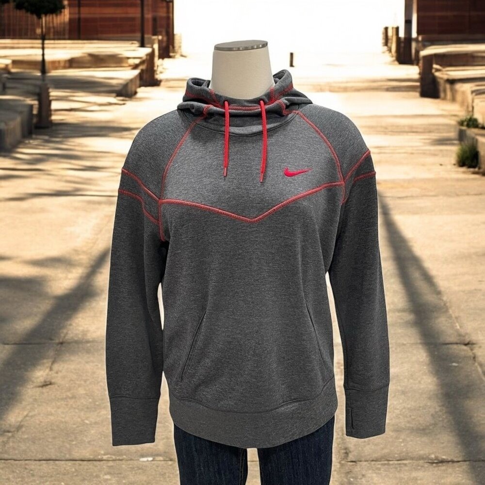 Nike Dri-FIT Gray Red Hoodie Womens L Athleisure Gym Workout Activewear Y2K